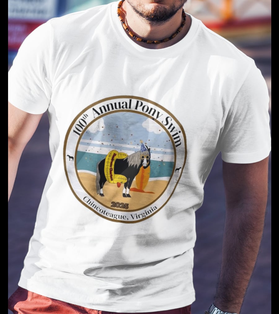 100th Annual Pony Swim Chincoteague Virginia 2025 Beach Scene With Pony And Surfboard T-Shirt