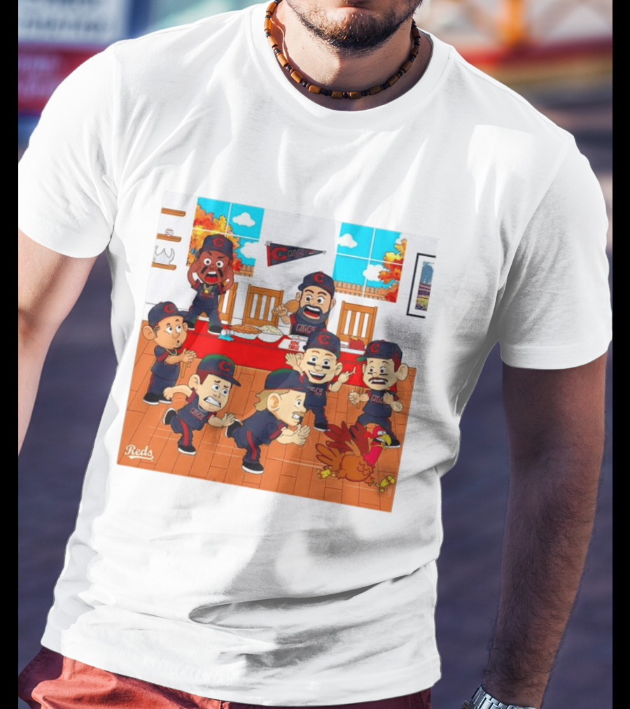 Cincinnati Reds Thanksgiving Chaos Cartoon Scene With Characters And Turkey T-Shirt