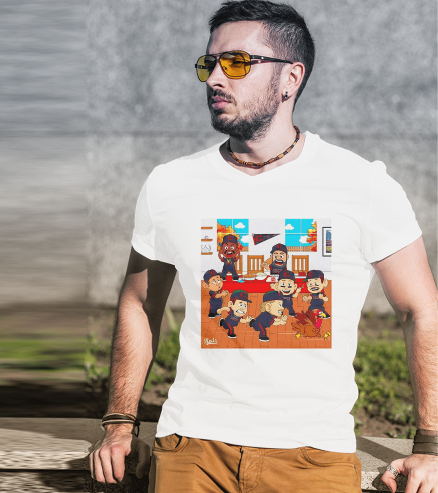 Cincinnati Reds Thanksgiving Chaos Cartoon Scene With Characters And Turkey T-Shirt