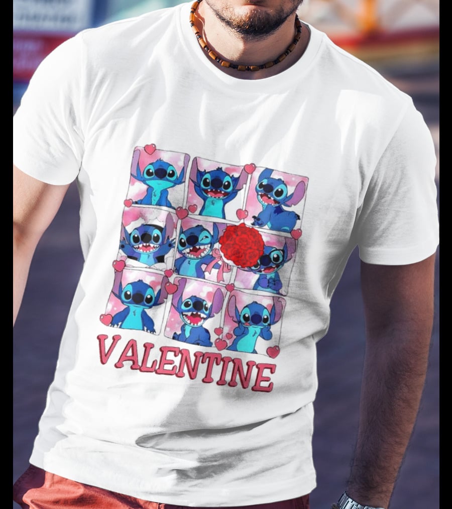 Disney Stitch Rose Flowers Valentine Love Hearts Happy Day T-Shirt