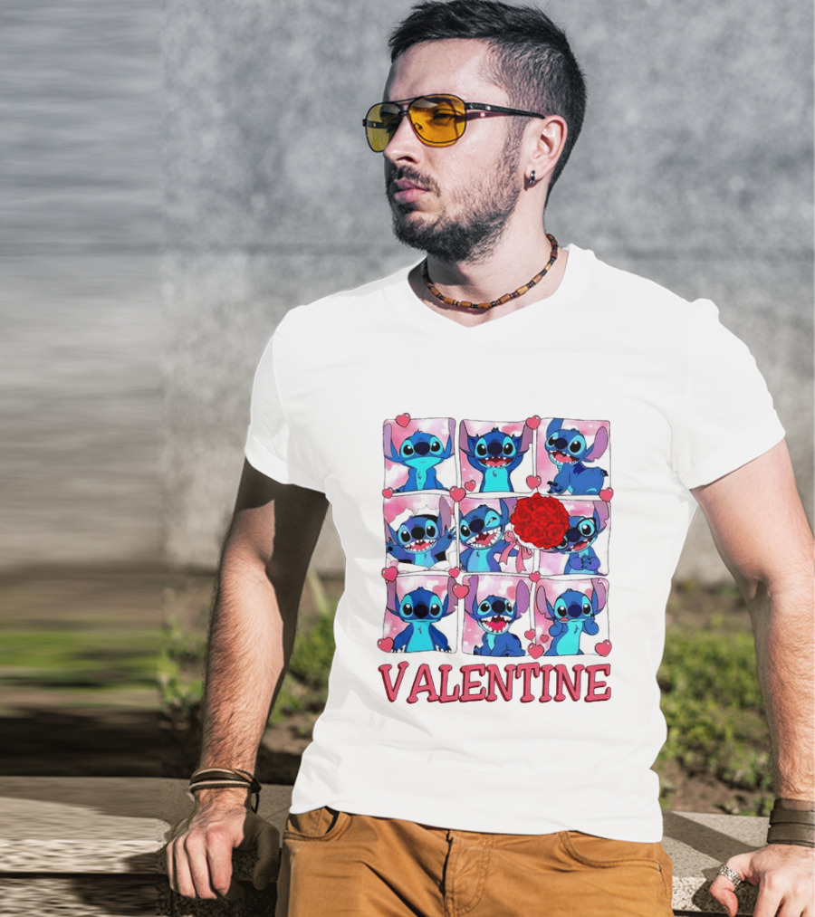 Disney Stitch Rose Flowers Valentine Love Hearts Happy Day T-Shirt