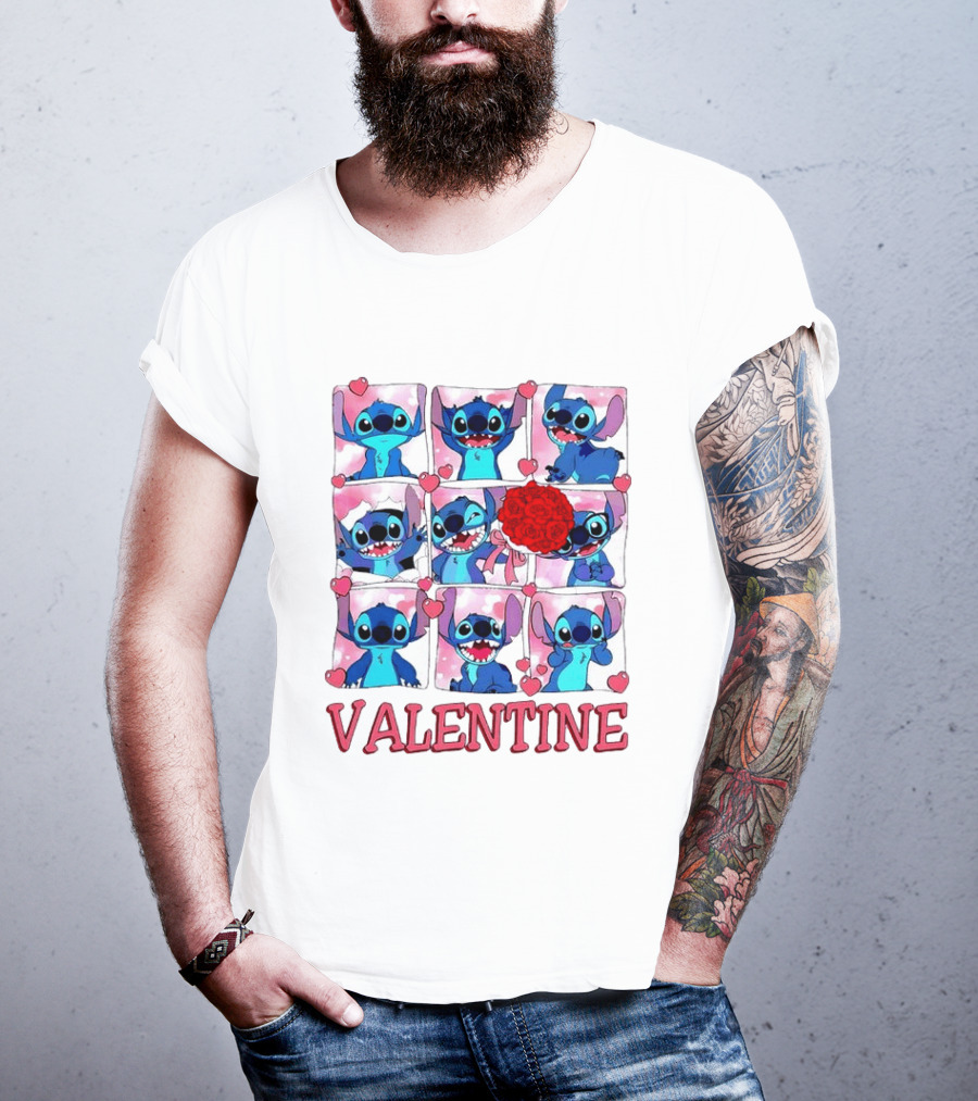 Disney Stitch Rose Flowers Valentine Love Hearts Happy Day T-Shirt