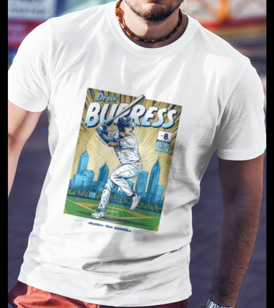 Drew Burress #8 Georgia Tech Baseball Comic Style Retro Cityscape T-Shirt