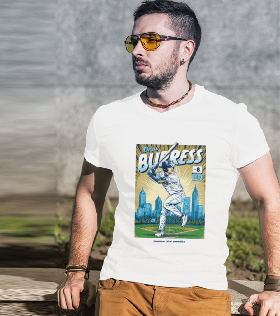 Drew Burress #8 Georgia Tech Baseball Comic Style Retro Cityscape T-Shirt