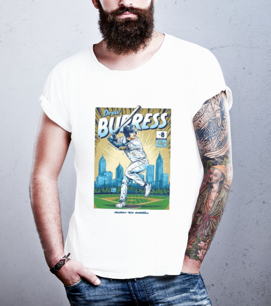 Drew Burress #8 Georgia Tech Baseball Comic Style Retro Cityscape T-Shirt