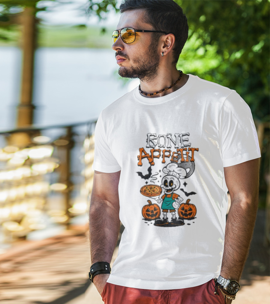 Bone Appetit Skeleton Chef Halloween Pizza Pumpkin Bats T-Shirt