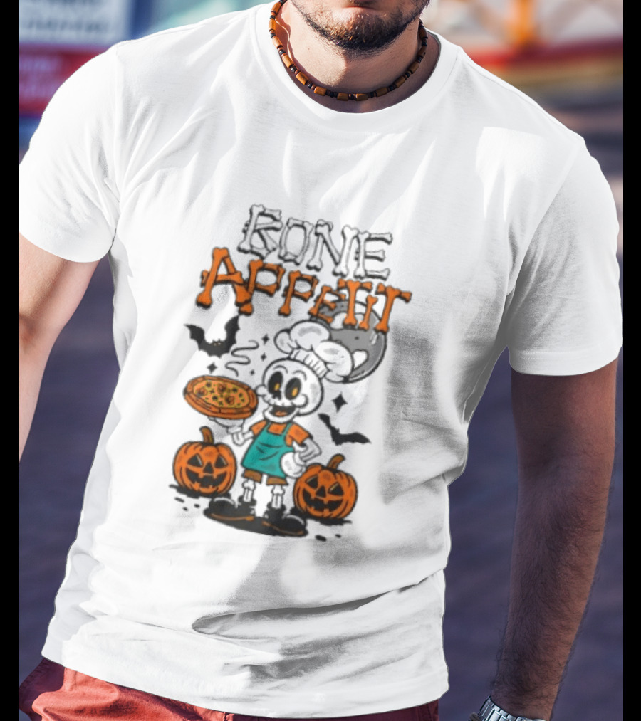 Bone Appetit Skeleton Chef Halloween Pizza Pumpkin Bats T-Shirt