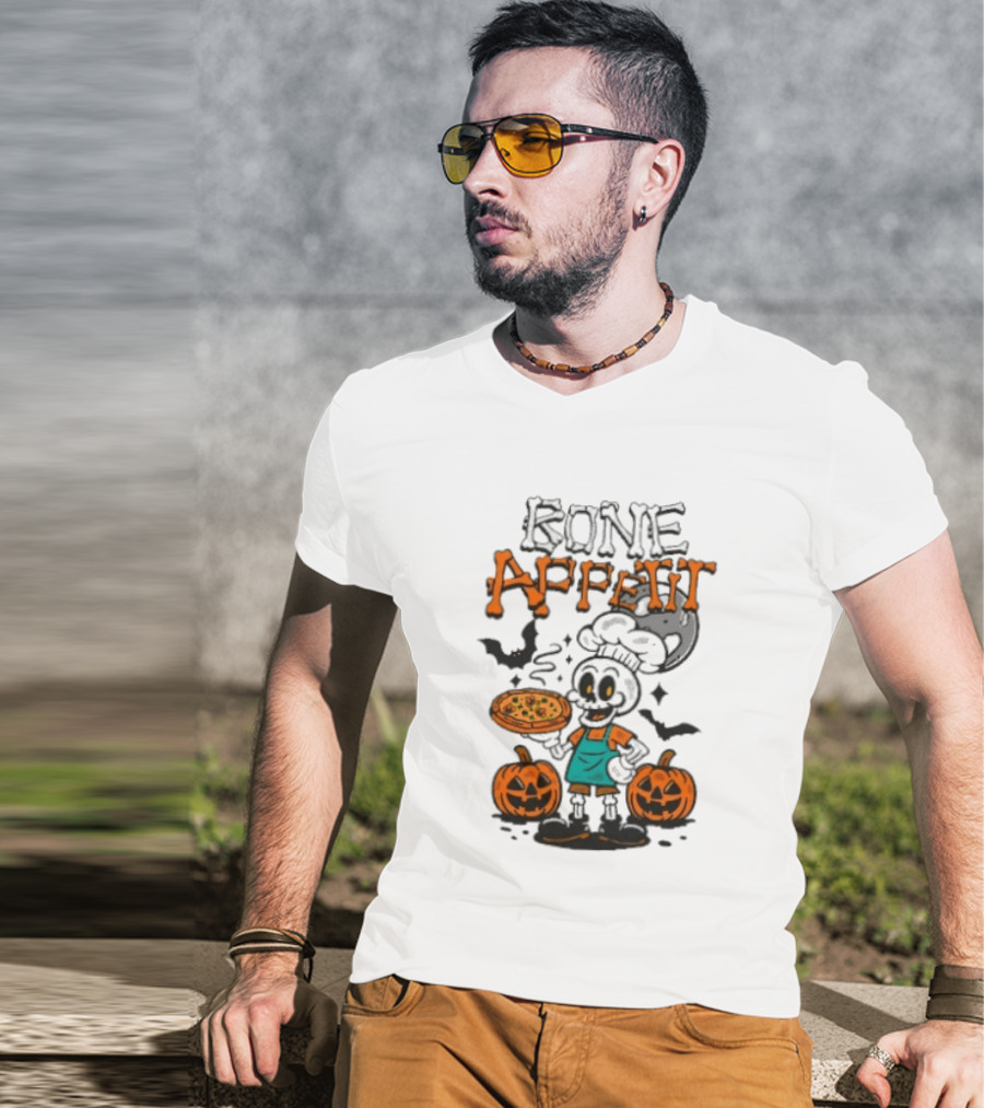 Bone Appetit Skeleton Chef Halloween Pizza Pumpkin Bats T-Shirt