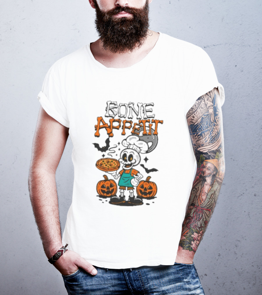 Bone Appetit Skeleton Chef Halloween Pizza Pumpkin Bats T-Shirt