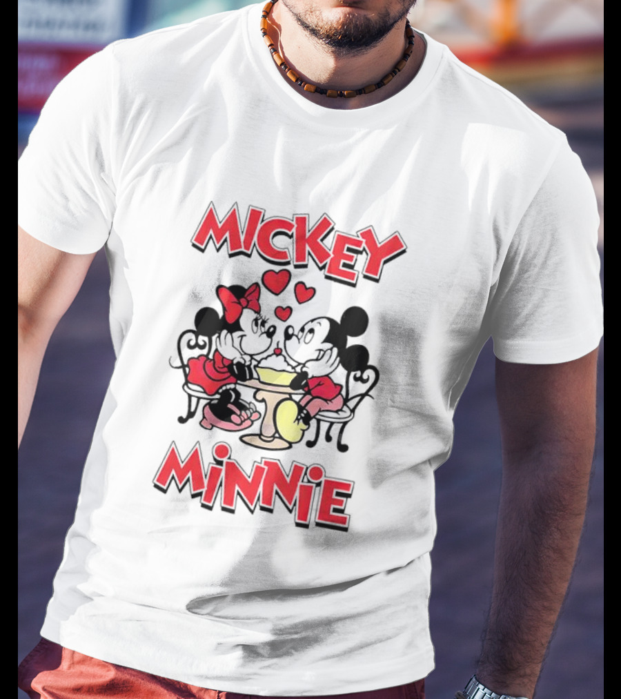 Mickey Minnie Romantic Valentine's Day Hearts And Cafe Scene T-Shirt