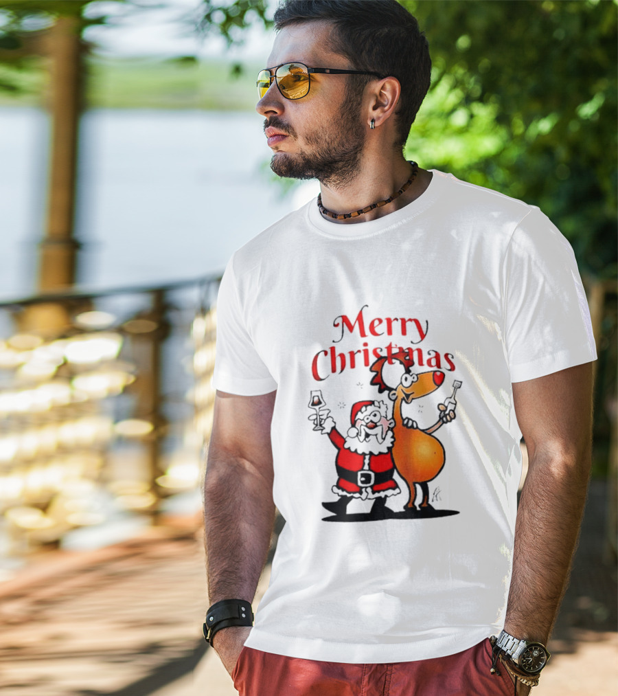 Merry Christmas Santa Claus And Reindeer Toast With Drinks T-Shirt