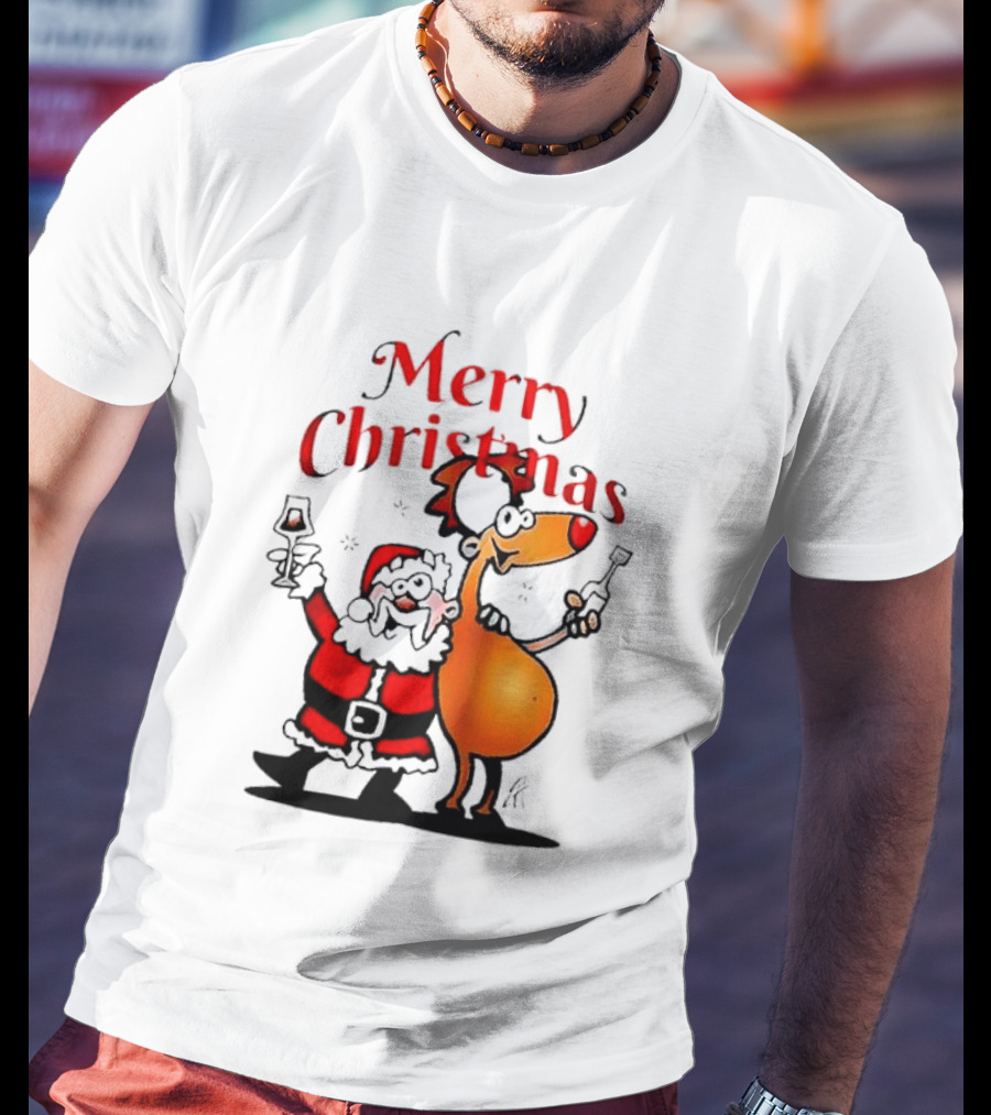 Merry Christmas Santa Claus And Reindeer Toast With Drinks T-Shirt