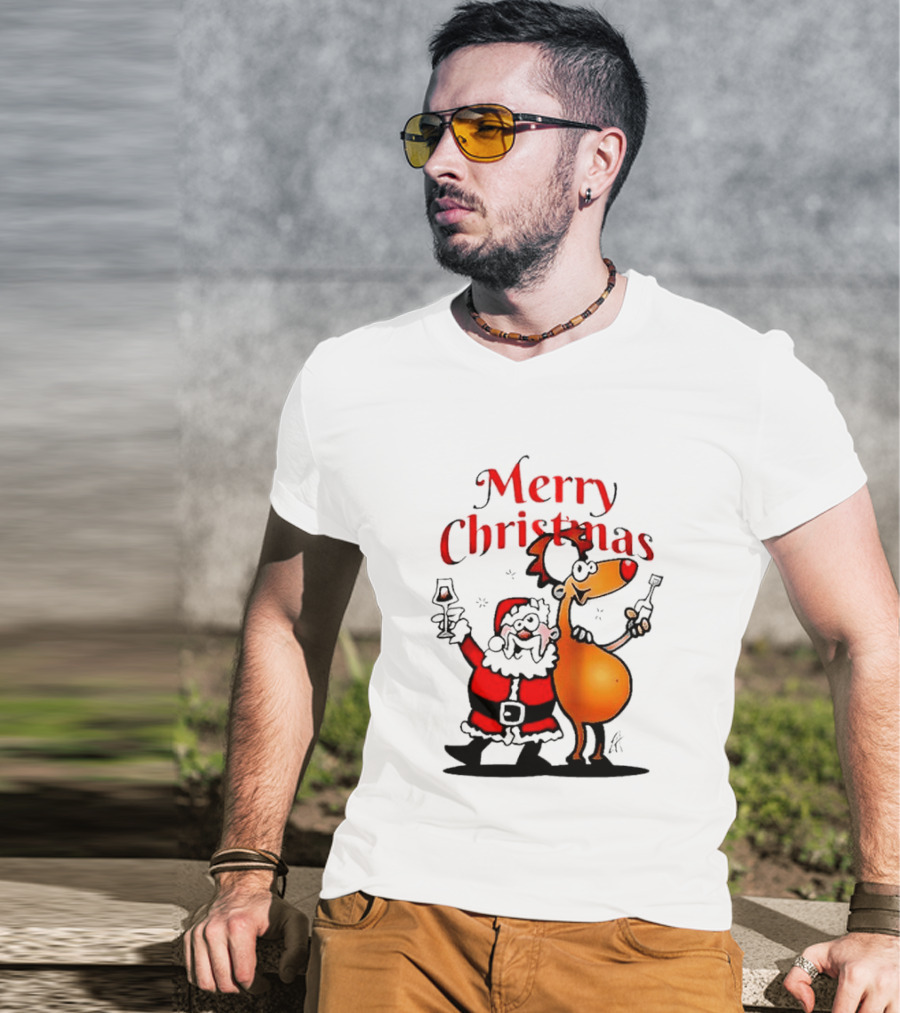 Merry Christmas Santa Claus And Reindeer Toast With Drinks T-Shirt