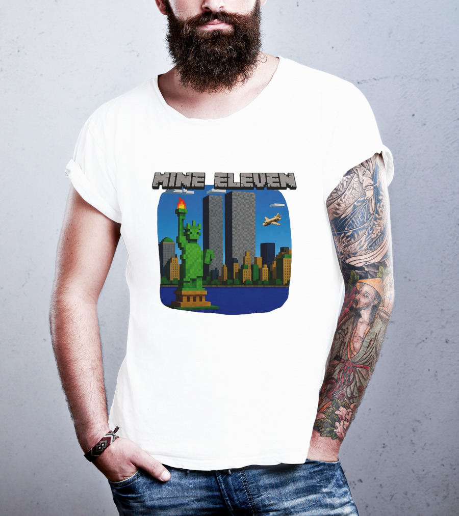 Mine Eleven Pixel City Statue Vector World Twin Towers Scene T-Shirt