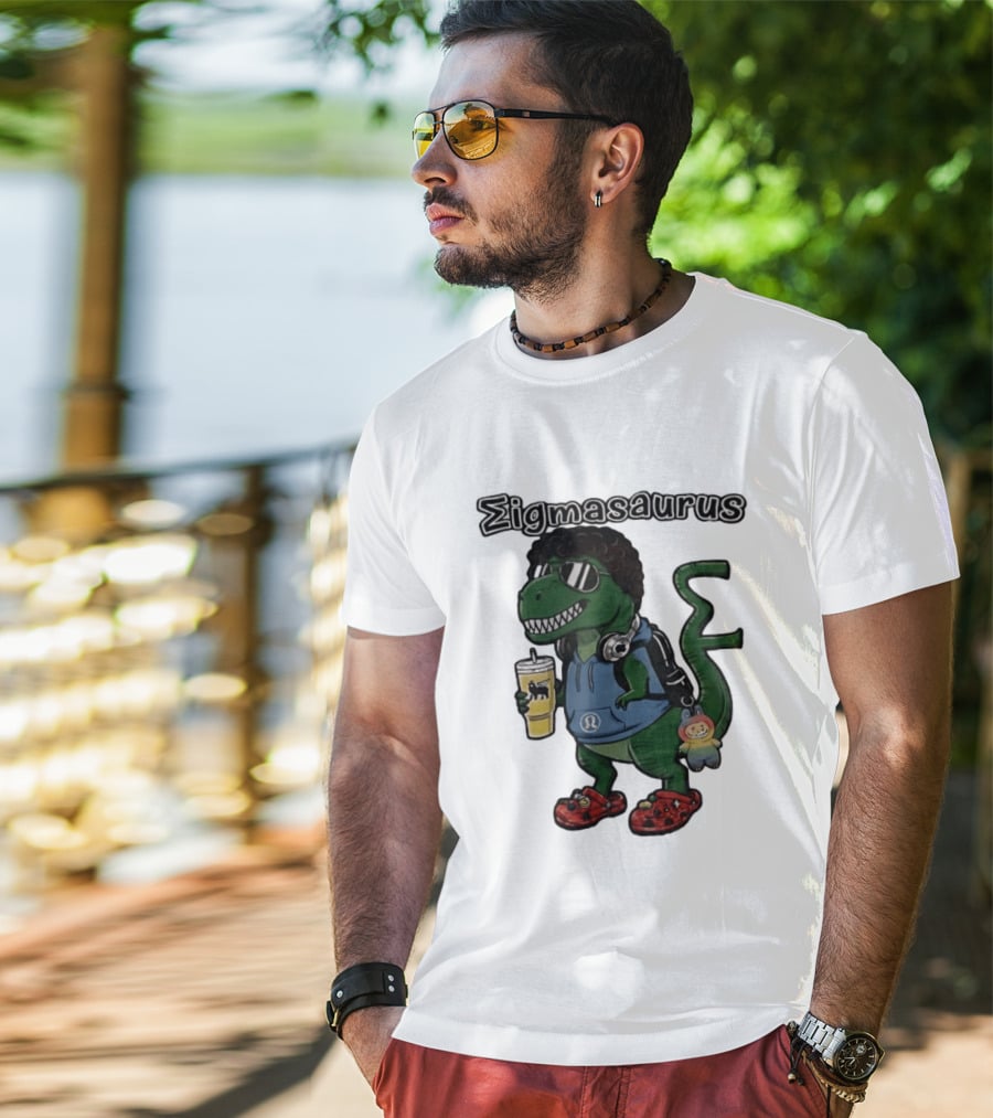 Sigmasaurus Rex Dinosaur Meme With Afro Sunglasses Headphones And Drink T-Shirt