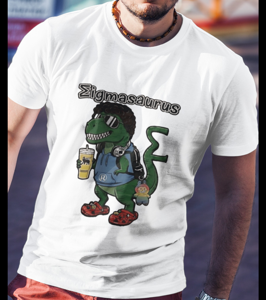 Sigmasaurus Rex Dinosaur Meme With Afro Sunglasses Headphones And Drink T-Shirt