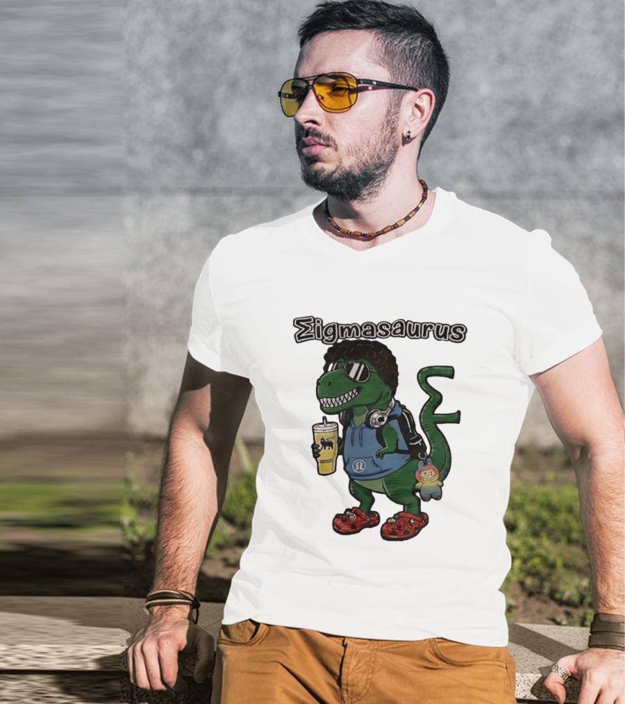 Sigmasaurus Rex Dinosaur Meme With Afro Sunglasses Headphones And Drink T-Shirt