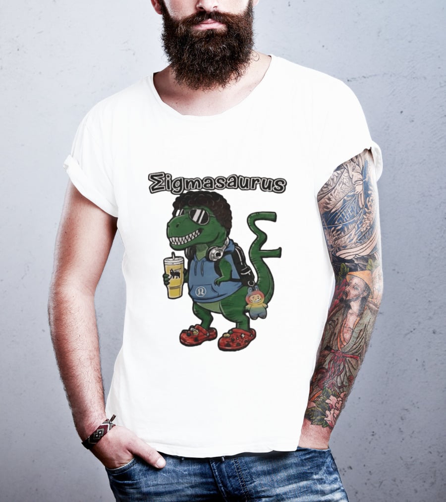 Sigmasaurus Rex Dinosaur Meme With Afro Sunglasses Headphones And Drink T-Shirt