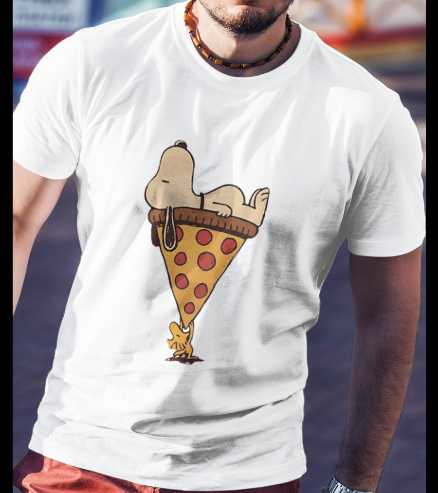 Snoopy Relaxing On Giant Pizza Slice With Woodstock Peanuts Collection T-Shirt