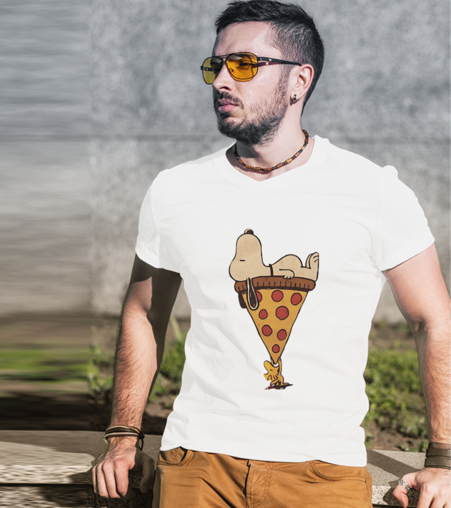 Snoopy Relaxing On Giant Pizza Slice With Woodstock Peanuts Collection T-Shirt