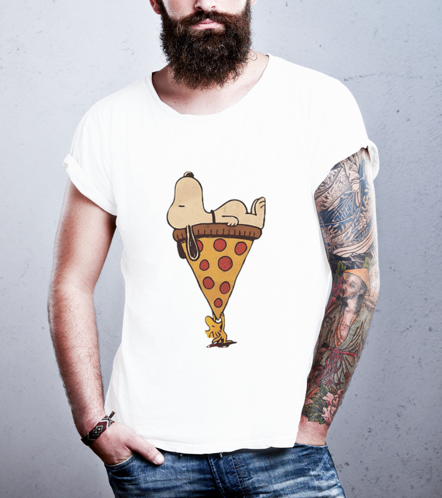 Snoopy Relaxing On Giant Pizza Slice With Woodstock Peanuts Collection T-Shirt