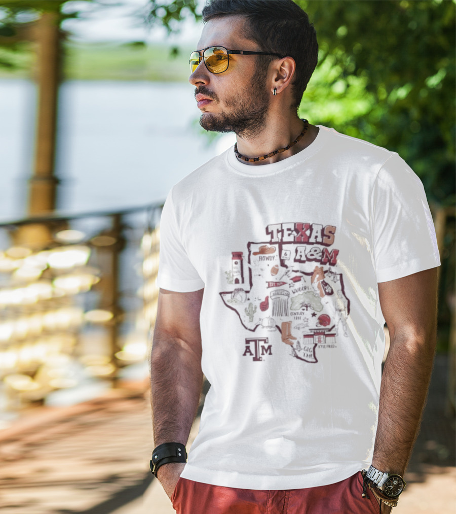 Texas A&M Aggies Map With Iconic Symbols And Landmarks T-Shirt