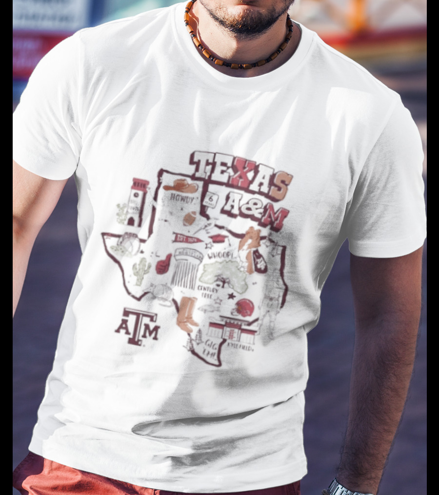Texas A&M Aggies Map With Iconic Symbols And Landmarks T-Shirt