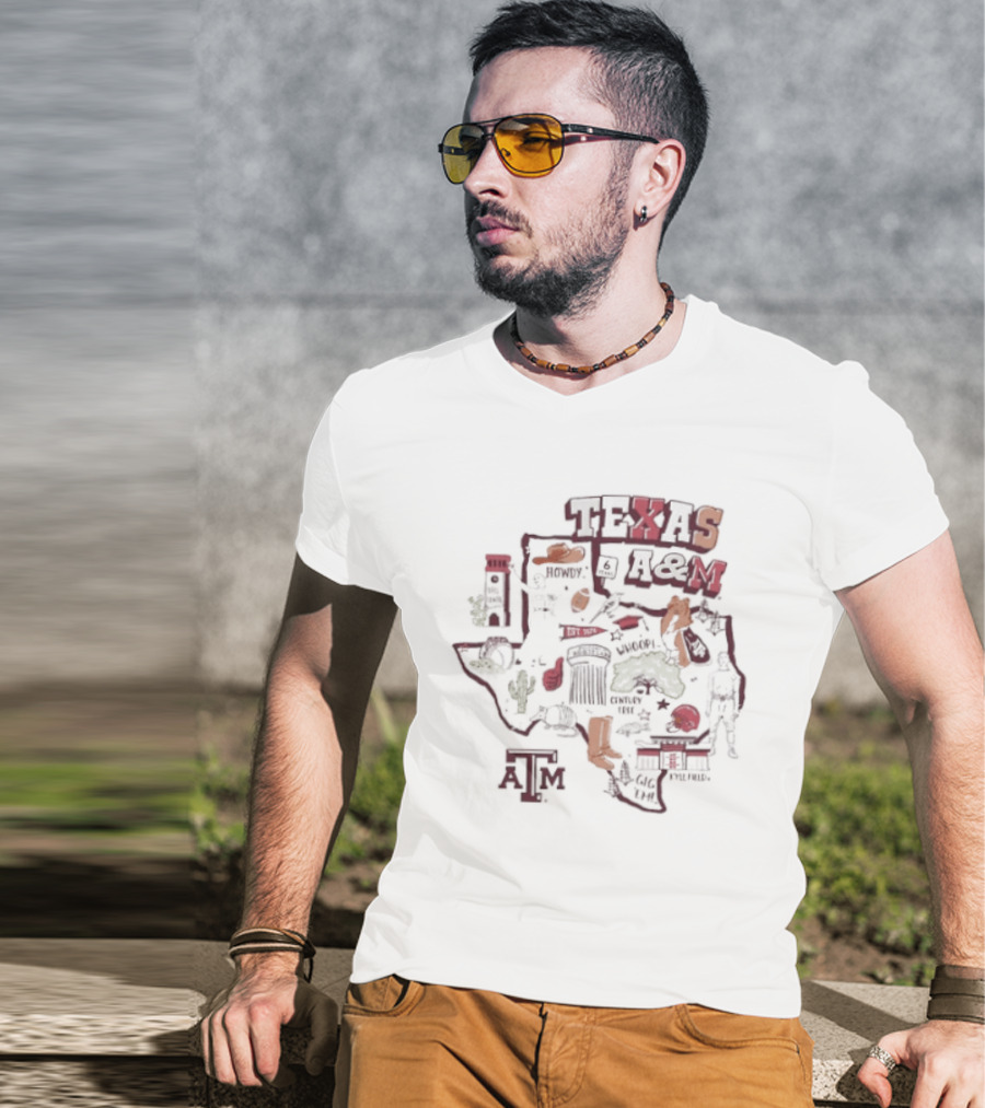 Texas A&M Aggies Map With Iconic Symbols And Landmarks T-Shirt
