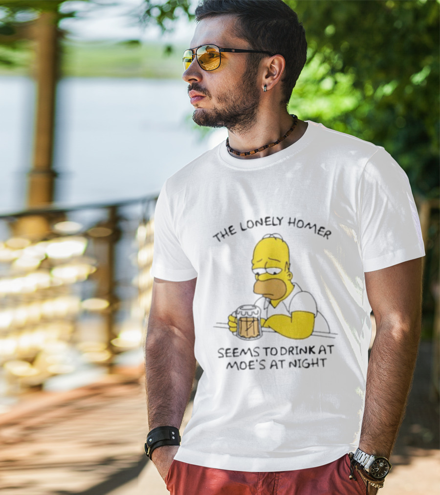 The Lonely Homer Drinking At Moe's Tavern Mood Nighttime Scene T-Shirt