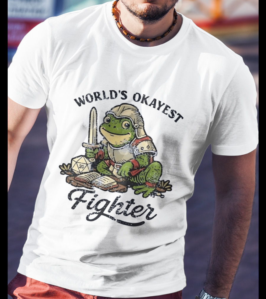 World's Okayest Fighter Frog In Armor With D20 Dice And Sword T-Shirt
