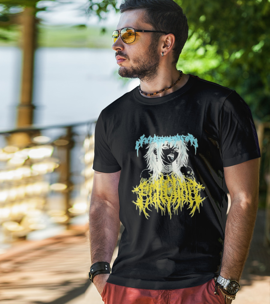 Anime Girl Emo Goth Aesthetic Crybaby Hardcore Chained Heart Cross Earrings T-Shirt