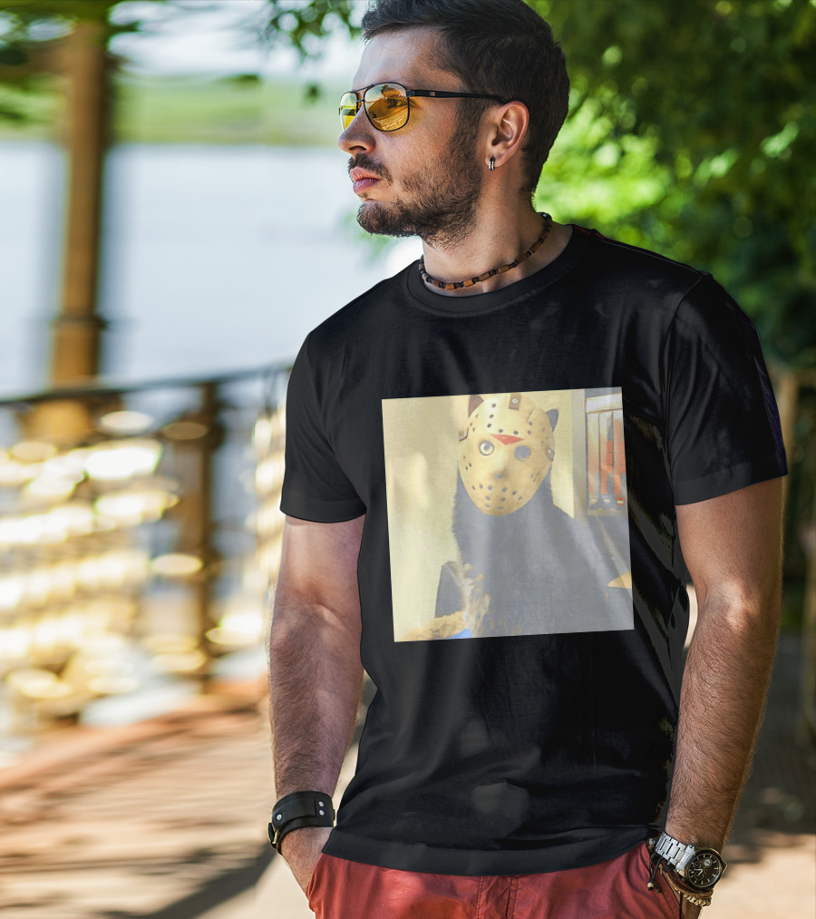 Black Cat In Horror Movie Jason Voorhees Mask T-Shirt