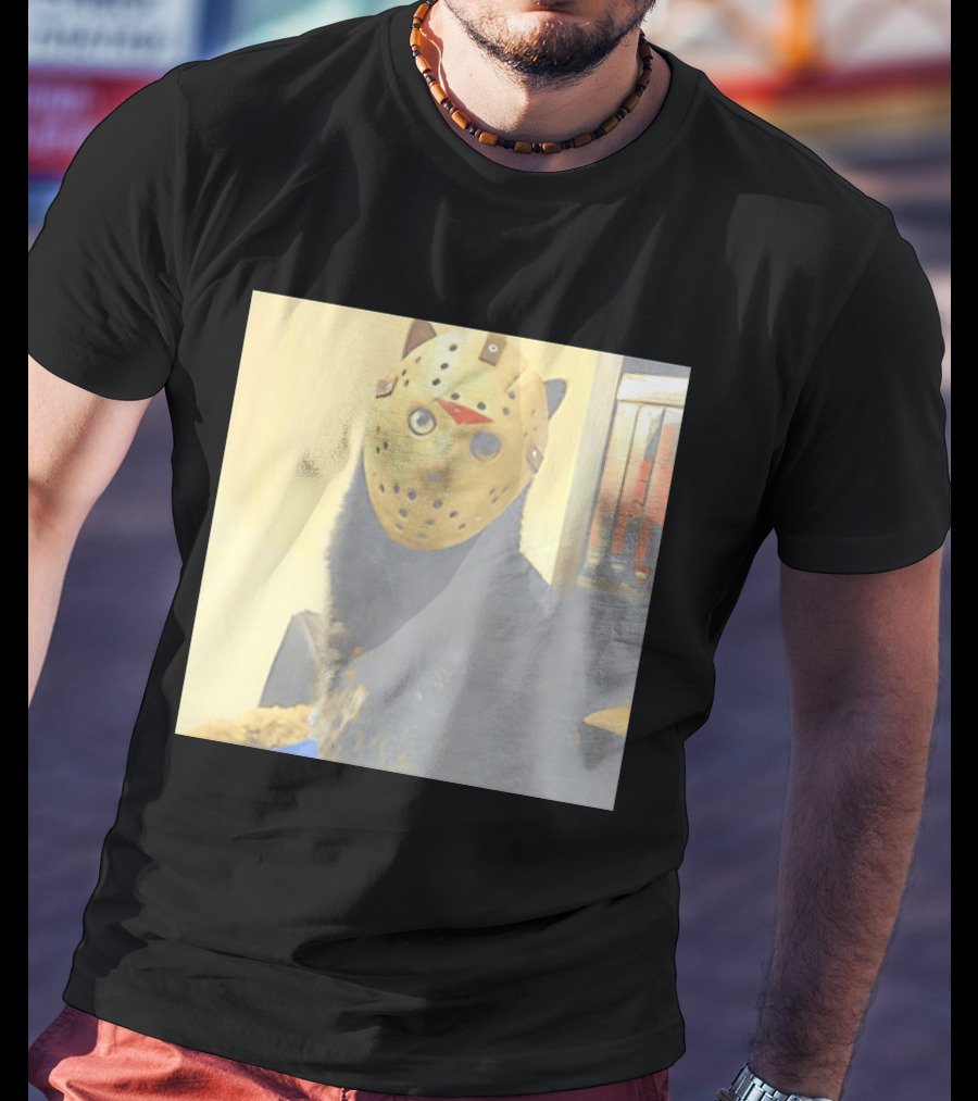 Black Cat In Horror Movie Jason Voorhees Mask T-Shirt