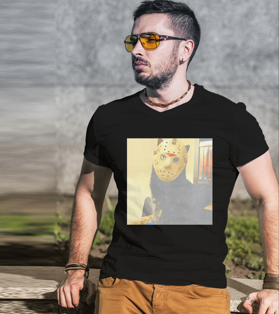 Black Cat In Horror Movie Jason Voorhees Mask T-Shirt