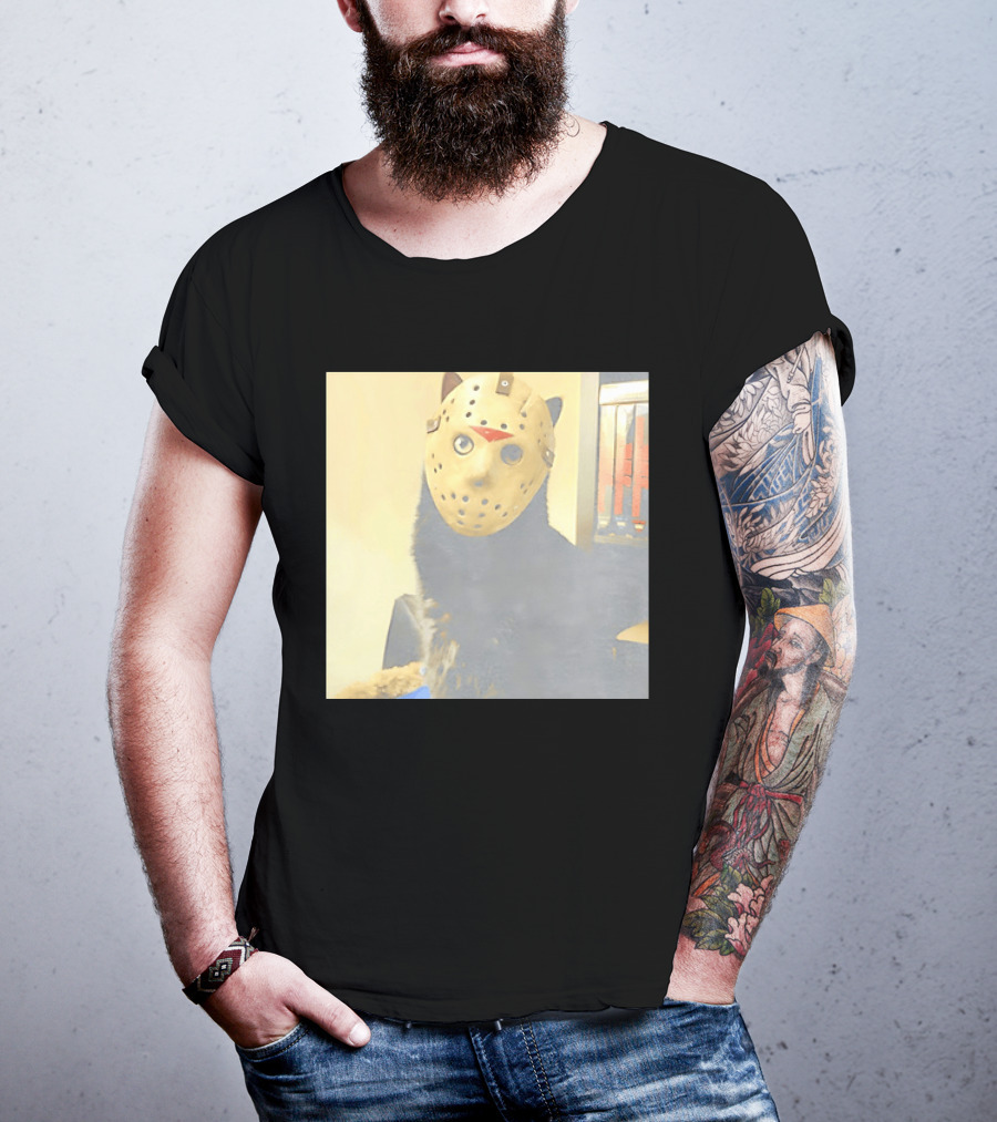 Black Cat In Horror Movie Jason Voorhees Mask T-Shirt