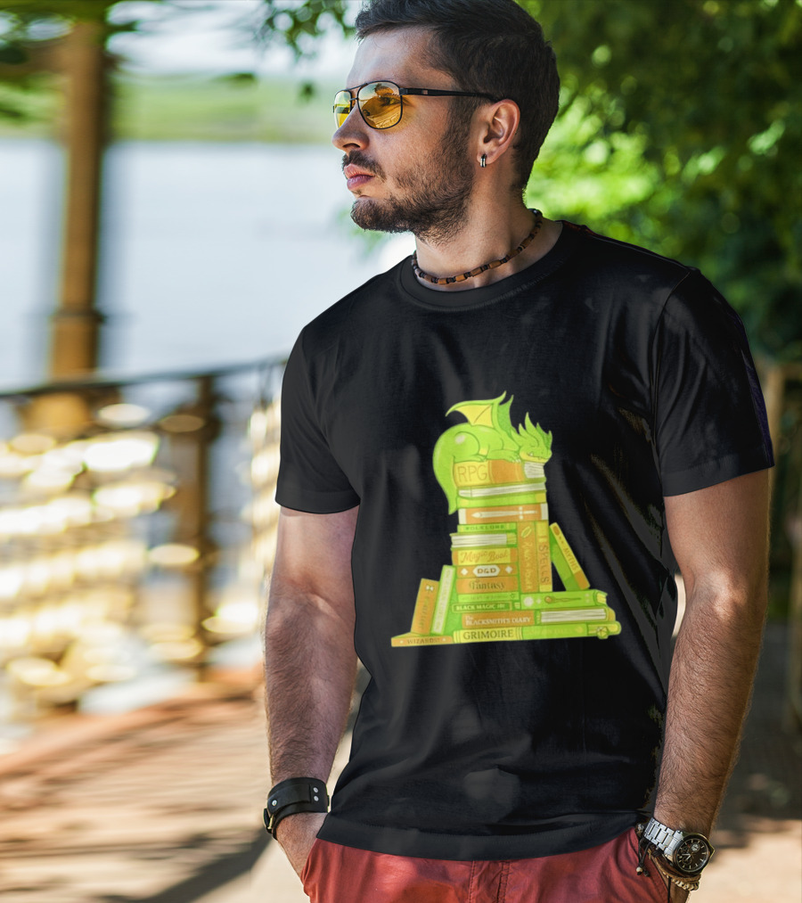 Sleeping Dragon On RPG Fantasy Magic Book Stack Grimoire Wizardry Tales T-Shirt