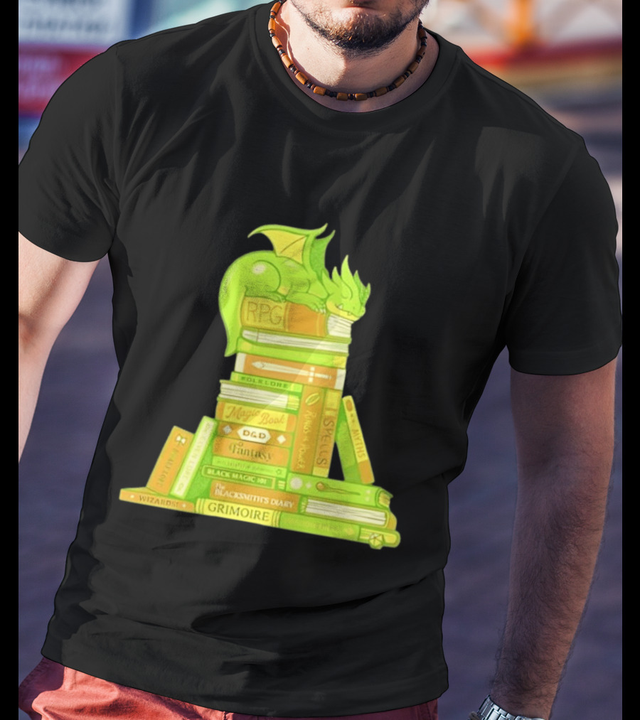 Sleeping Dragon On RPG Fantasy Magic Book Stack Grimoire Wizardry Tales T-Shirt