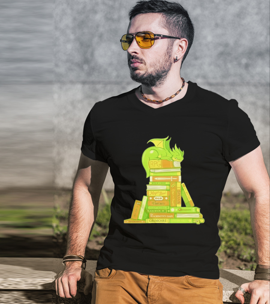 Sleeping Dragon On RPG Fantasy Magic Book Stack Grimoire Wizardry Tales T-Shirt