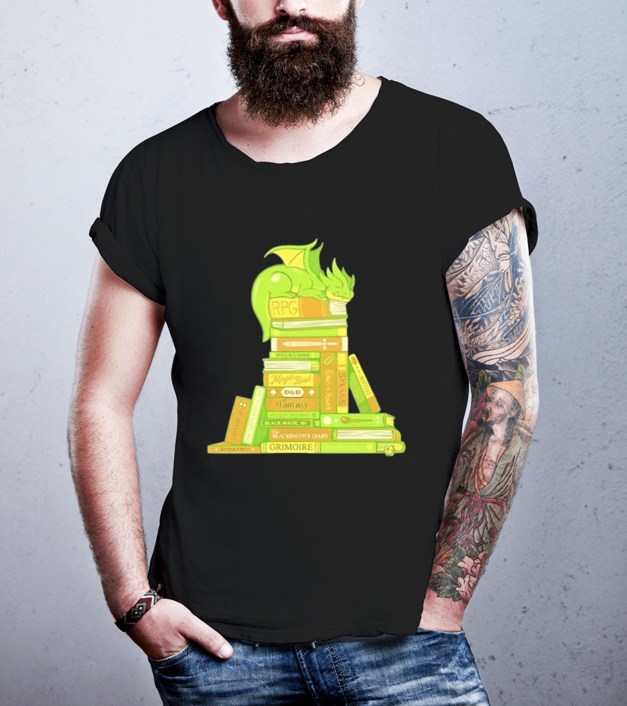 Sleeping Dragon On RPG Fantasy Magic Book Stack Grimoire Wizardry Tales T-Shirt