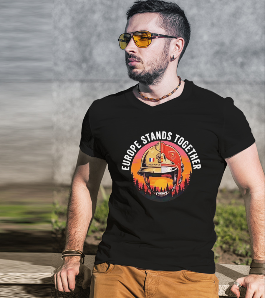 Europe Stands Together Sapeurs Pompiers Bomberos Espana Firefighter Helmet Forest Sunset T-Shirt