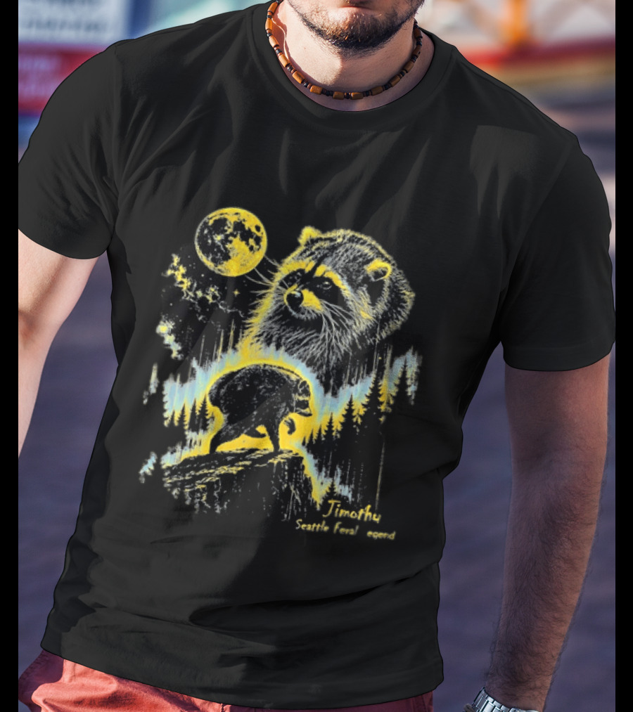 Timothy Seattle Feral Legend Raccoon Wildlife Moon Night Scene T-Shirt