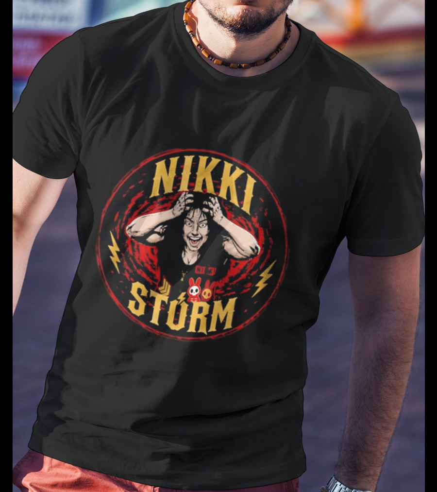 Nikki Stürm Wrestling Character With Lightning Bolts And Red Spiral T-Shirt