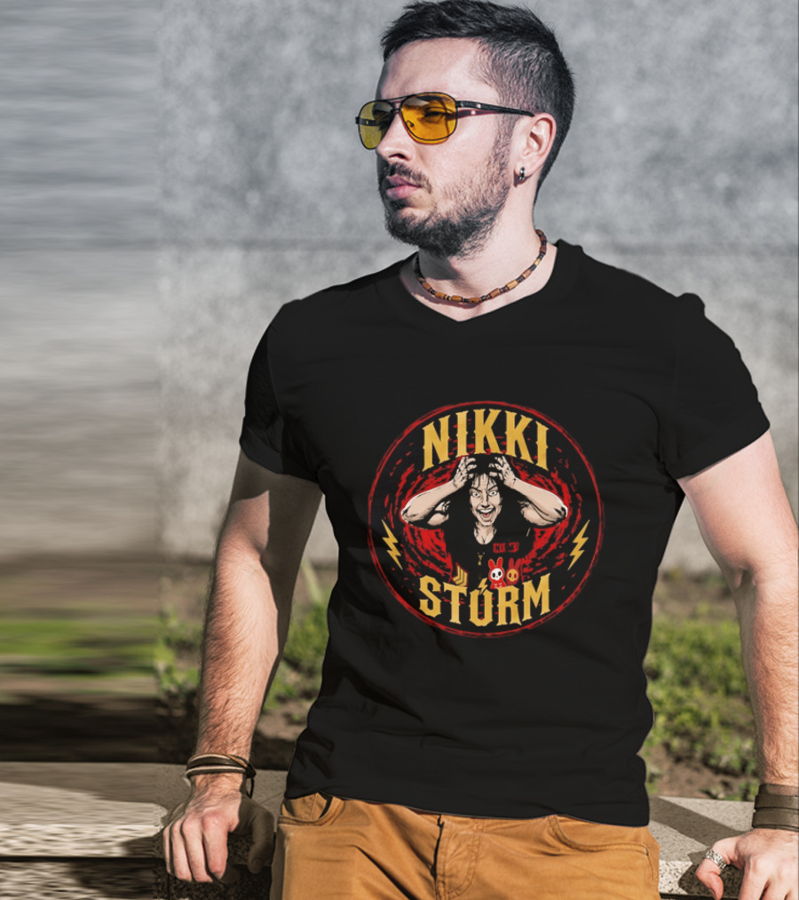 Nikki Stürm Wrestling Character With Lightning Bolts And Red Spiral T-Shirt