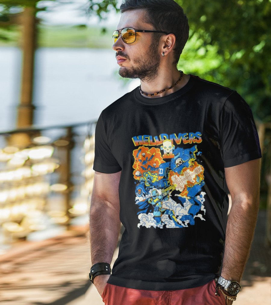 Helldivers Super Earth Soldier Combat Action Explosive Battle Scene T-Shirt