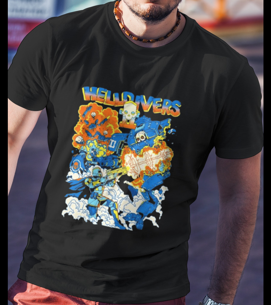 Helldivers Super Earth Soldier Combat Action Explosive Battle Scene T-Shirt