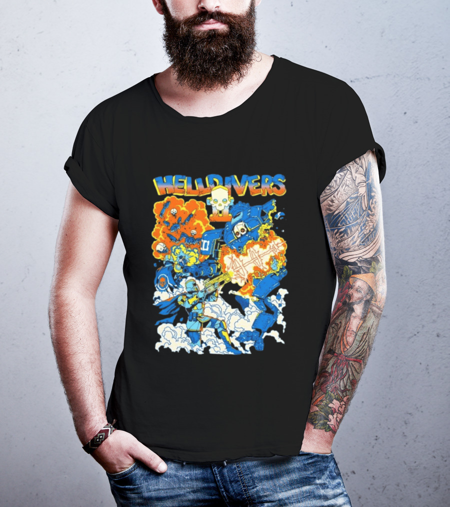 Helldivers Super Earth Soldier Combat Action Explosive Battle Scene T-Shirt