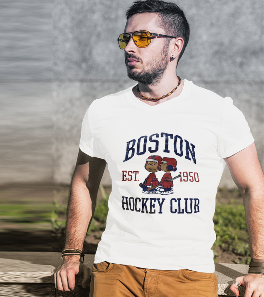 Boston Hockey Club Est 1950 Peanuts Characters Distressed T-Shirt