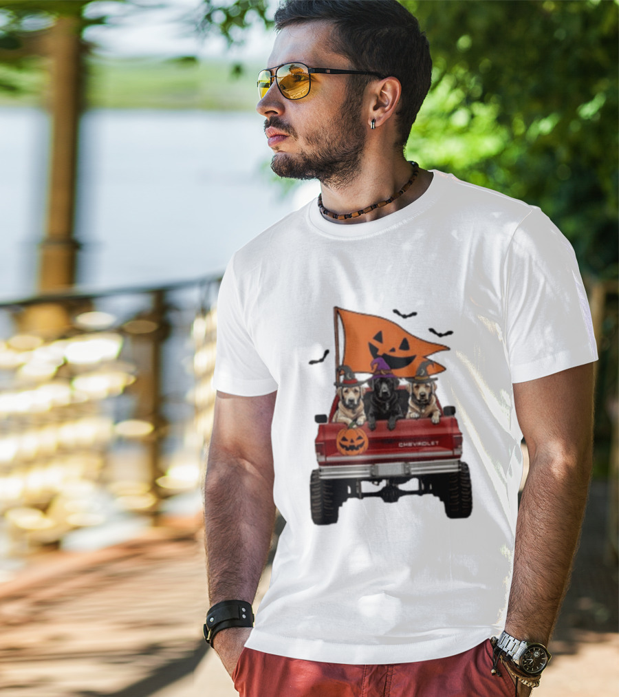 Chevrolet Halloween Dogs In Truck With Pumpkin And Bats T-Shirt