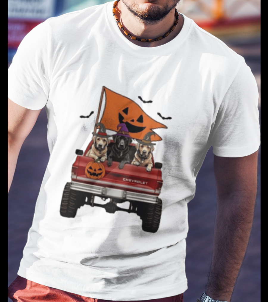 Chevrolet Halloween Dogs In Truck With Pumpkin And Bats T-Shirt