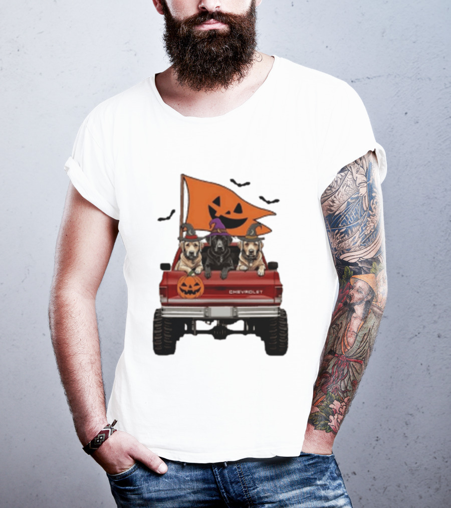 Chevrolet Halloween Dogs In Truck With Pumpkin And Bats T-Shirt